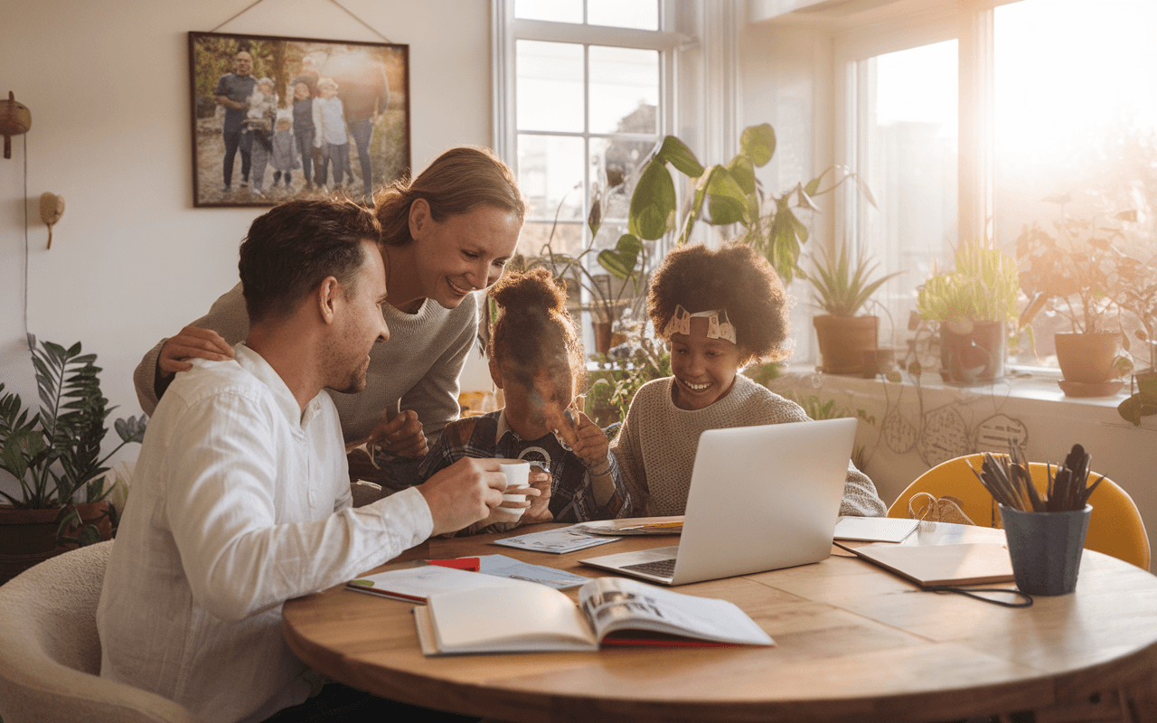 Famille souriante autour d'une table en bois avec un ordinateur portable et carnets pour créer un blog dans un salon lumineux et convivial.