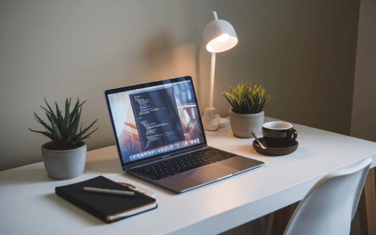 Bureau moderne minimaliste avec un ordinateur portable affichant du texte de rédacteur SEO, tasse de café à demi pleine, carnet de notes et stylo, l'ensemble dans une palette de couleurs neutres.