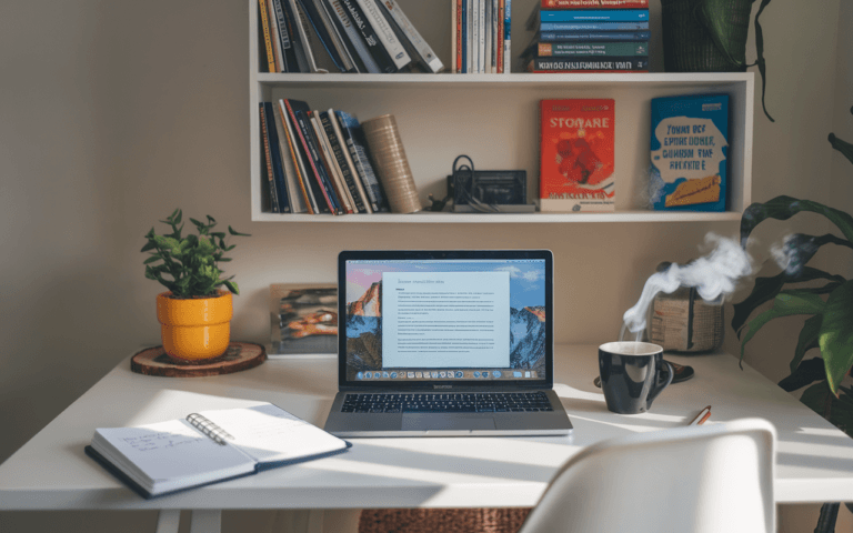 Bureau moderne avec ordinateur portable affichant rédaction articles SEO, carnet de notes, tasse de café, et étagère de livres SEO et marketing.