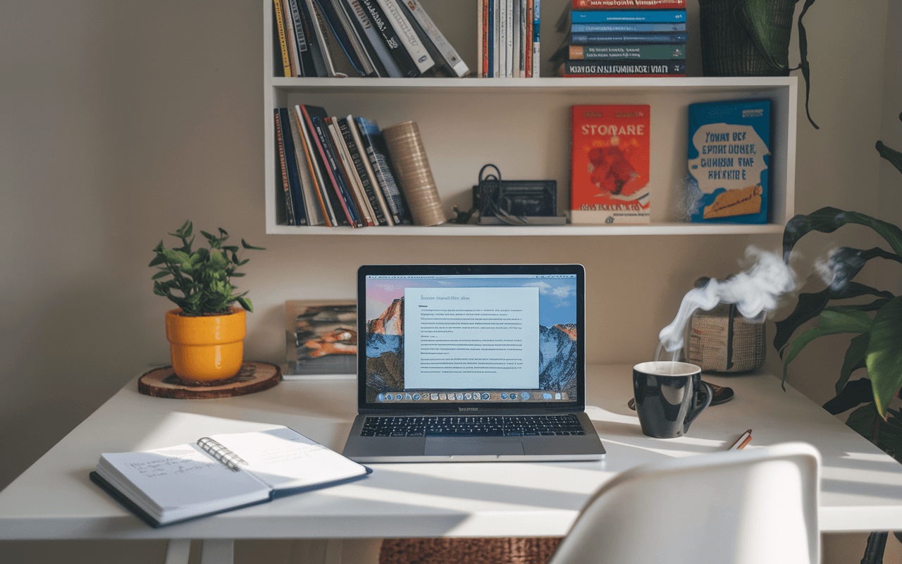 Bureau moderne avec ordinateur portable affichant rédaction articles SEO, carnet de notes, tasse de café, et étagère de livres SEO et marketing.