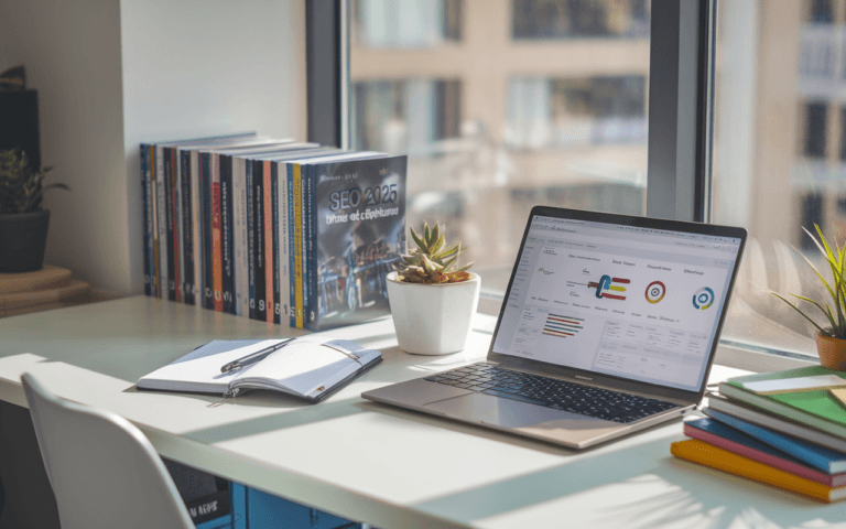 Bureau moderne avec ordinateur affichant tableau de bord SEO, livres sur l'optimisation des moteurs de recherche, environnement de travail pour rédacteur seo.