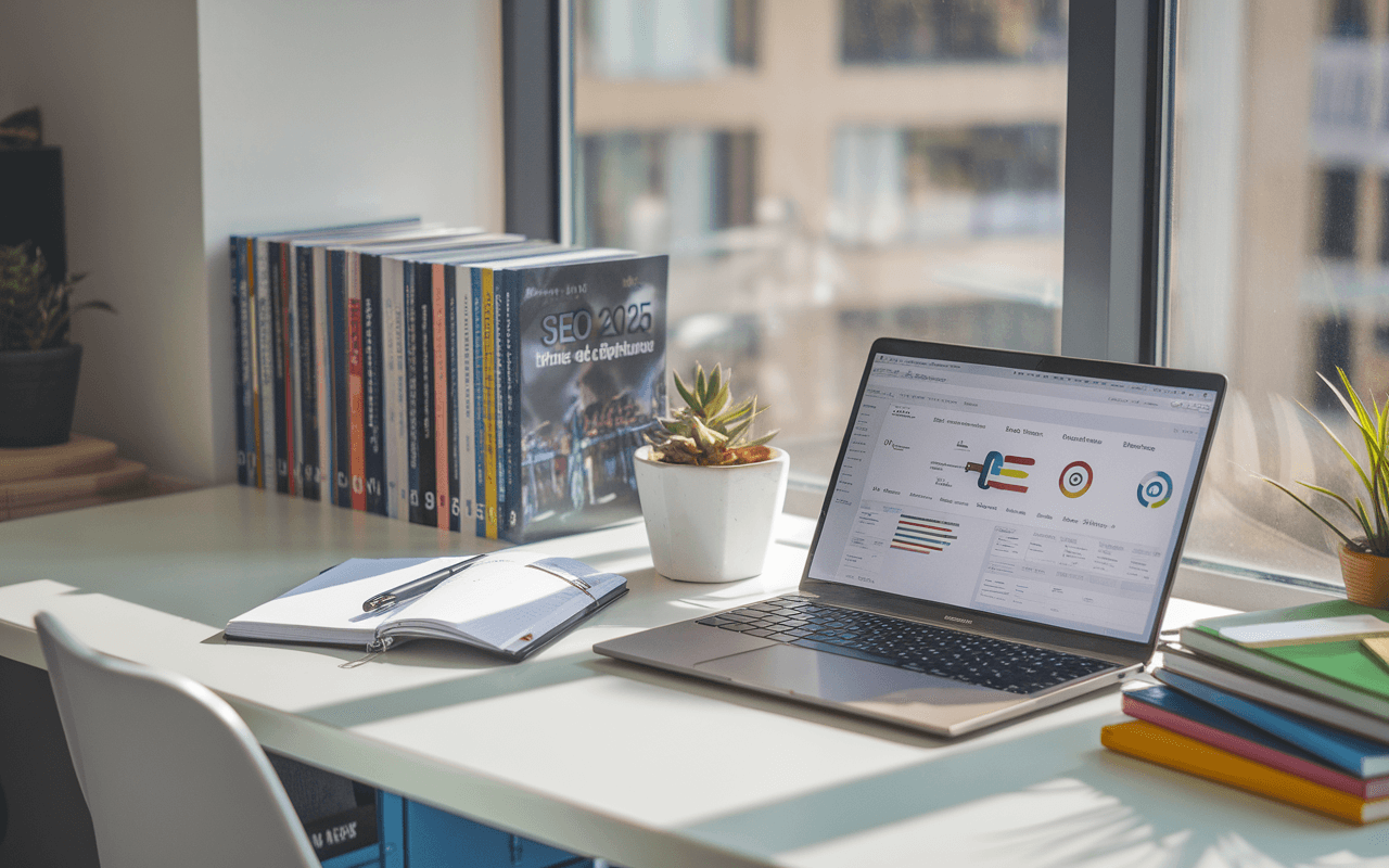 Bureau moderne avec ordinateur affichant tableau de bord SEO, livres sur l'optimisation des moteurs de recherche, environnement de travail pour rédacteur seo.