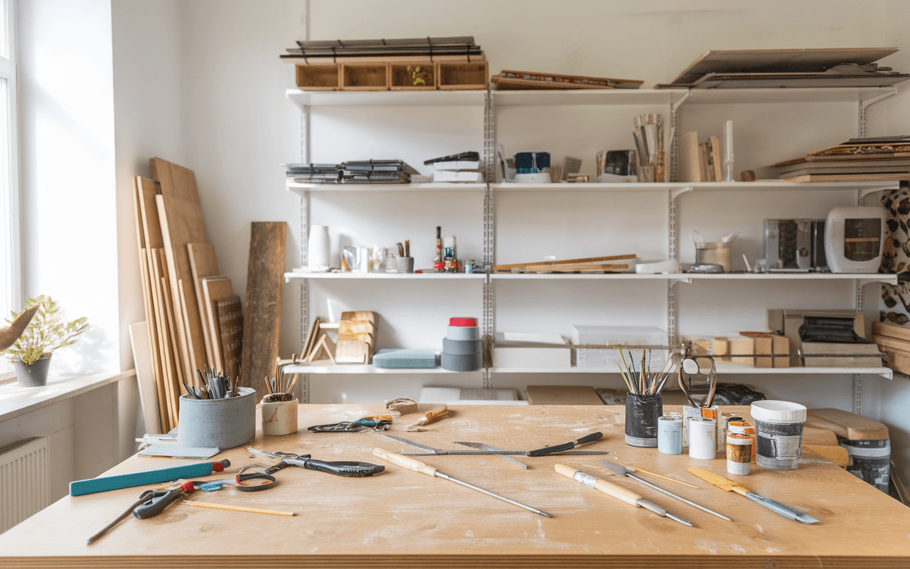 Espace de travail de bricolage bien organisé, idéal pour créer un blog sur le DIY, avec table en bois, outils comme marteau et scie, et étagères chargées de matériaux, baigné de lumière naturelle.