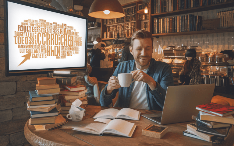 Écrivain moderne créant des titres accrocheurs dans un café animé, entouré de carnets, d'ordinateur portable flou et de livres empilés, ambiance chaleureuse et créative.