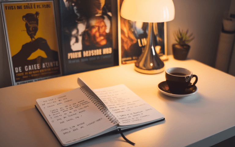 Carnet manuscrit avec notes et esquisses de films classiques sur un bureau moderne avec café, créant une ambiance inspirante et idéale pour créer un blog cinéma.