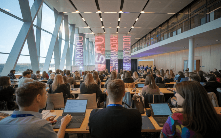 Conférence sur le rédacteur SEO avec participants engagés, prenant des notes, sous des panneaux lumineux