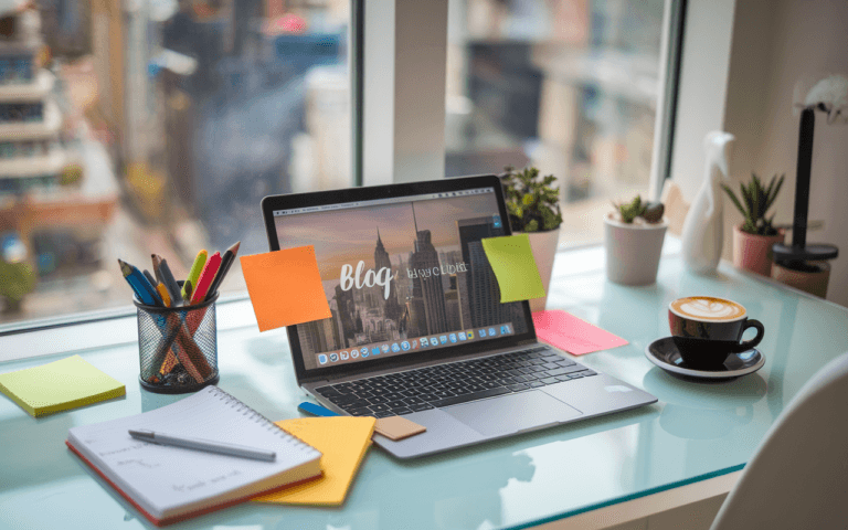Un bureau moderne avec un ordinateur portable affichant un site web élégant pour créer un blog, entouré de notes adhésives colorées, stylos, et un carnet d'idées d'articles, avec une ville animée en arrière-plan et une tasse de café ajoutant du confort.