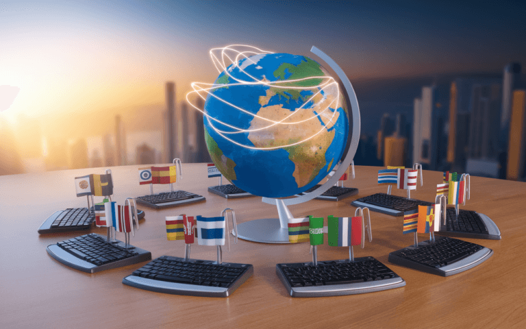 Image d'un globe terrestre entouré de stylos et claviers avec drapeaux internationaux, illustrant le rédacteur SEO multilingue et la connectivité mondiale.