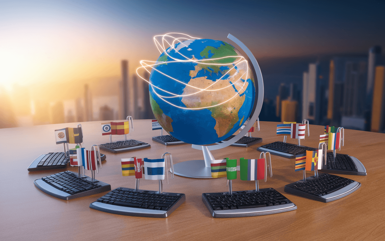 Image d'un globe terrestre entouré de stylos et claviers avec drapeaux internationaux, illustrant le rédacteur SEO multilingue et la connectivité mondiale.