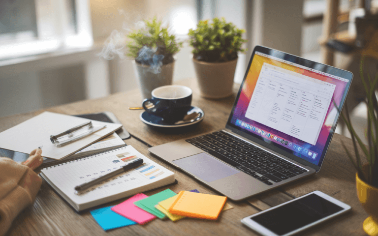 Bureau moderne avec ordinateur portable affichant un logiciel de gestion de projet, entouré de notes autocollantes, carnet de notes et stylos. Tasse de café ajoutant convivialité. Ambiance créative pour la rédaction articles SEO.