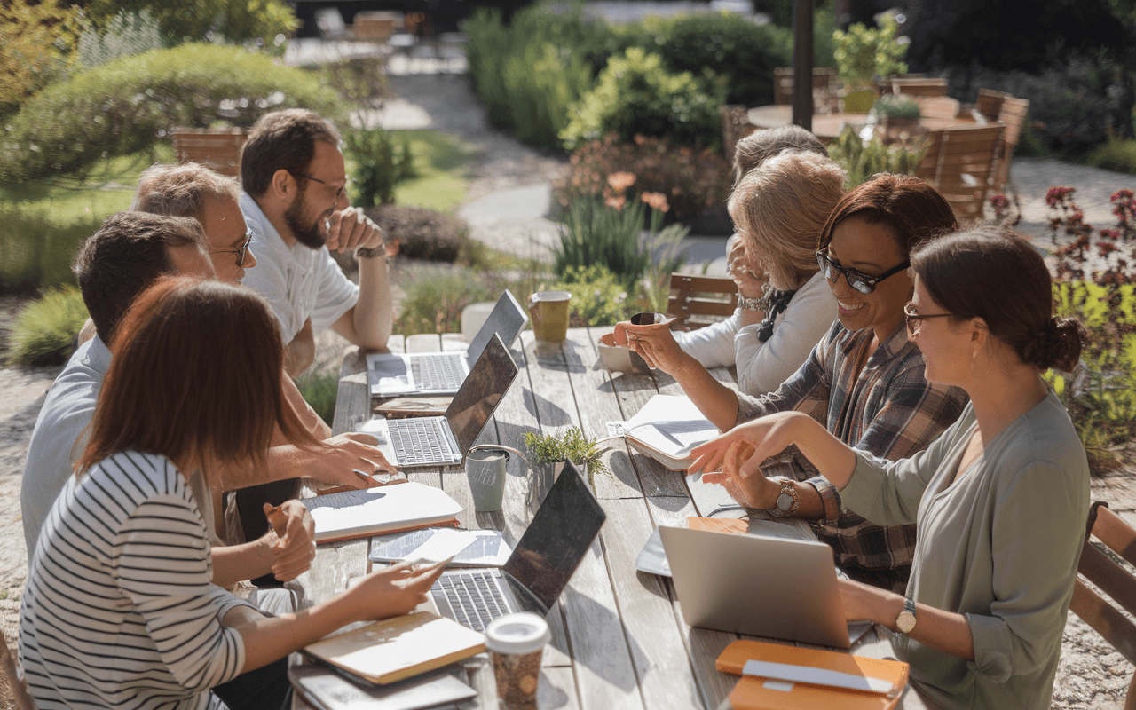 Groupe diversifié réfléchissant à créer un blog autour d'une table en plein air, entouré d'un jardin verdoyant, entre ordinateurs portables et café.
