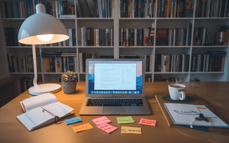 Bureau moderne et épuré avec ordinateur portable sur une page de texte, notes autocollantes colorées affichant des mots clés, tasse de café fumante et carnet ouvert. Ambiance concentrée de rédacteur SEO avec bibliothèque sur le marketing numérique et SEO en arrière-plan.