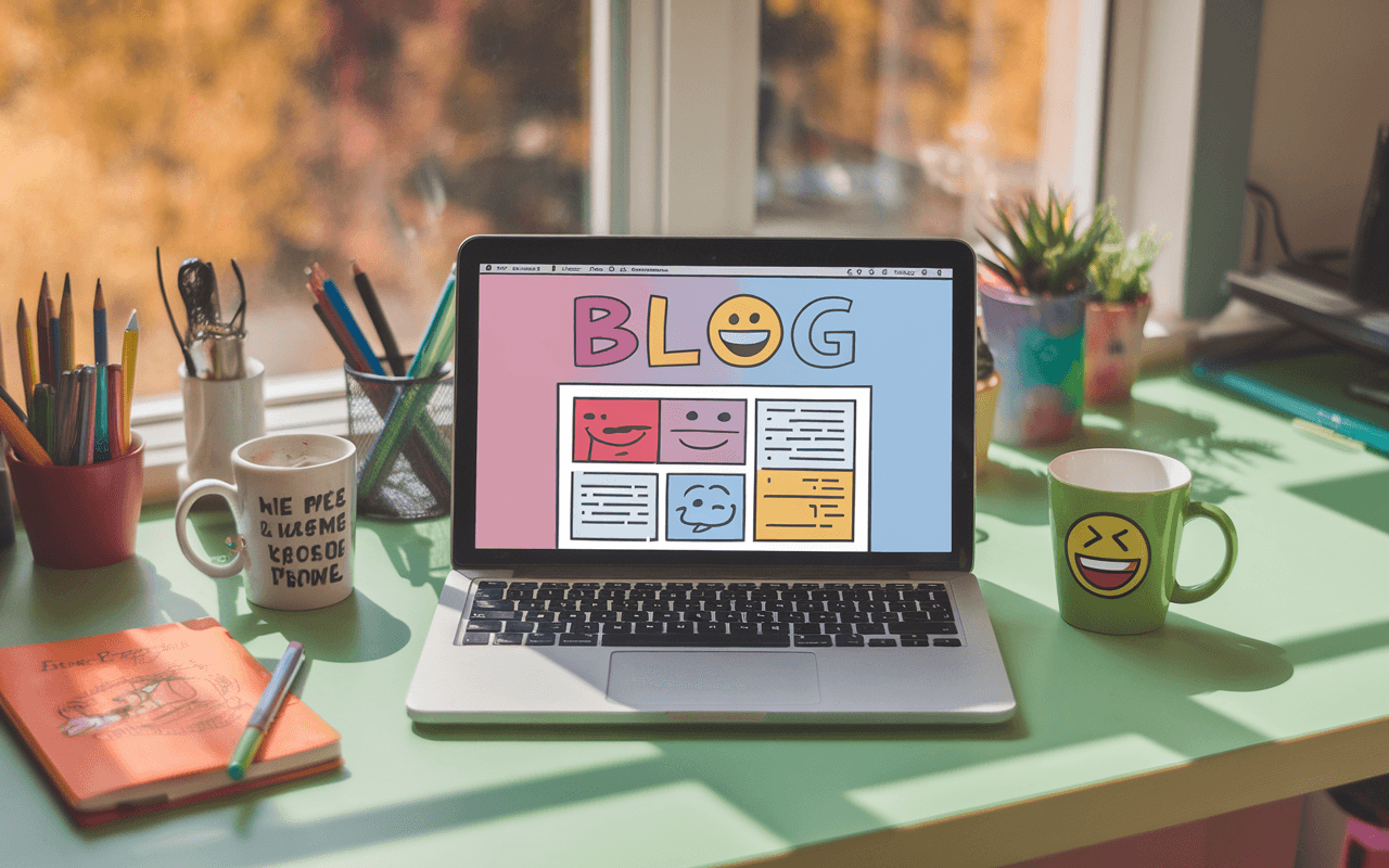 Création d'un blog sur ordinateur portable : ambiance joyeuse et créative avec accessoires de bureau amusants et page de blog animée.