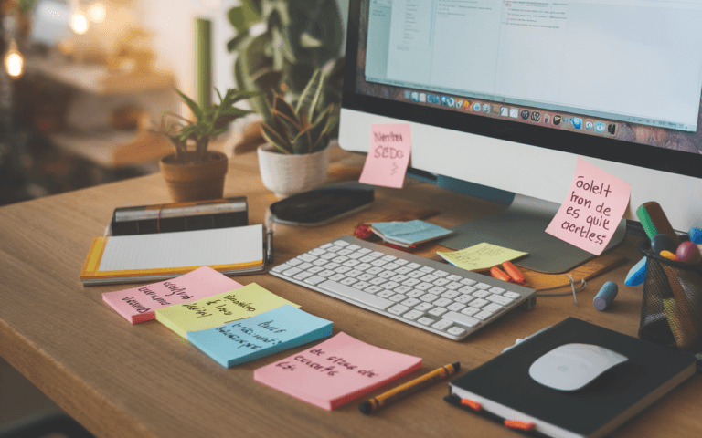 Bureau bien organisé avec ordinateur affichant traitement de texte, notes autocollantes colorées sur le SEO, crayon et carnet, espace de travail pour rédaction articles SEO.