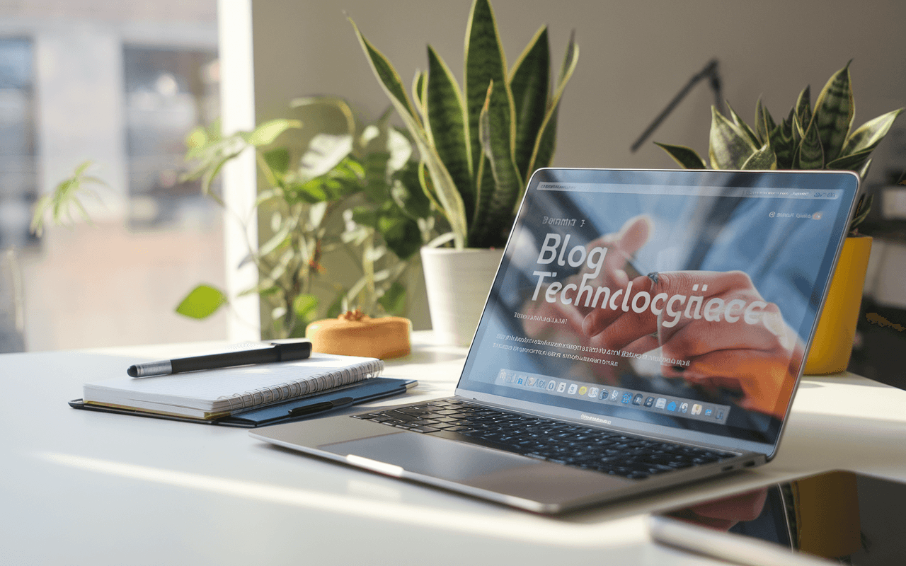 Bureau moderne avec ordinateur portable montrant une interface pour créer un blog, carnet et stylo à proximité, éclairé par une lumière naturelle douce avec des plantes vertes en arrière-plan.