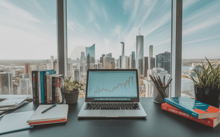 Bureau de rédacteur SEO avec ordinateur montrant analyse de données, notes SEO et livres, ambiance studieuse et lumineuse.