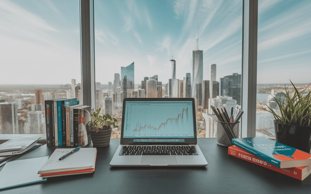 Bureau de rédacteur SEO avec ordinateur montrant analyse de données, notes SEO et livres, ambiance studieuse et lumineuse.