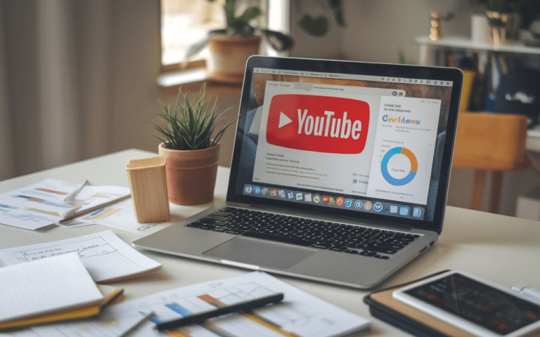 Ordinateur portable sur un bureau affichant une vidéo YouTube avec titres accrocheurs en surbrillance et graphiques analytiques pour optimisation, entouré de notes manuscrites et croquis de brainstorming dans un environnement moderne et lumineux.