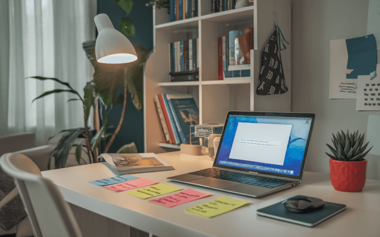 Bureau moderne avec ordinateur portable affichant rédaction SEO, notes colorées avec mots-clés, livres de marketing, ambiance créative et focus.