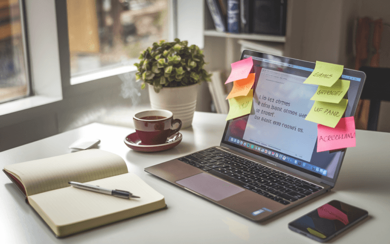 Bureau moderne et lumineux avec ordinateur portable affichant mots-clés en gras pour titres accrocheurs. Post-it colorés et cahier sur le bureau, symbolisant brainstorming et créativité en rédaction.