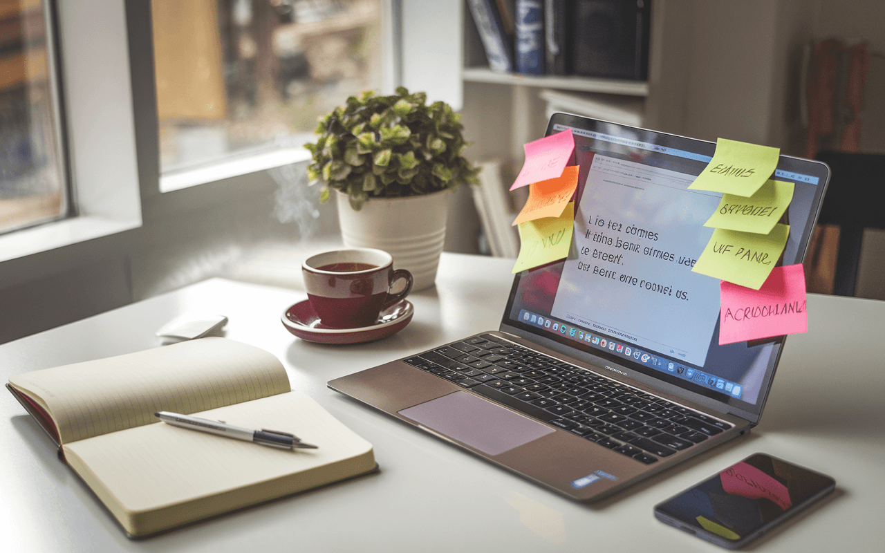 Bureau moderne et lumineux avec ordinateur portable affichant mots-clés en gras pour titres accrocheurs. Post-it colorés et cahier sur le bureau, symbolisant brainstorming et créativité en rédaction.