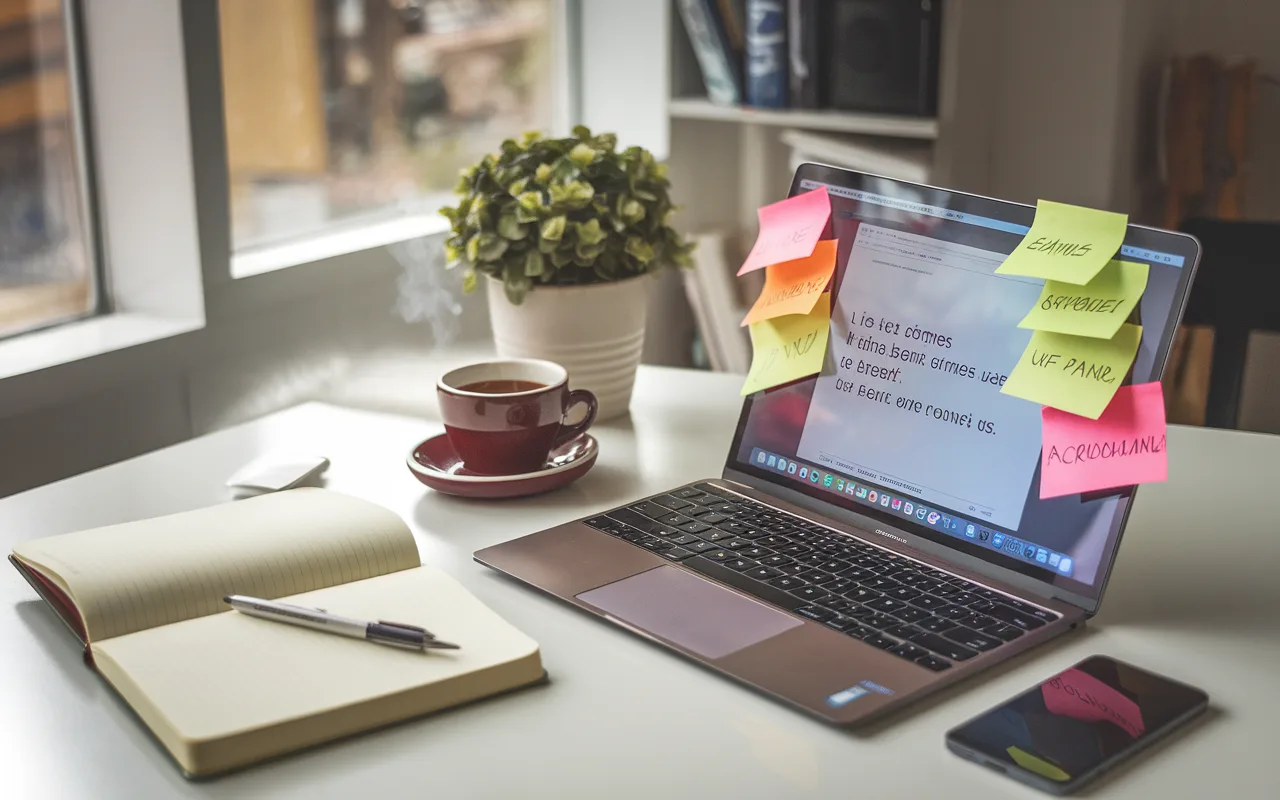 Bureau moderne et lumineux avec ordinateur portable affichant mots-clés en gras pour titres accrocheurs. Post-it colorés et cahier sur le bureau, symbolisant brainstorming et créativité en rédaction.