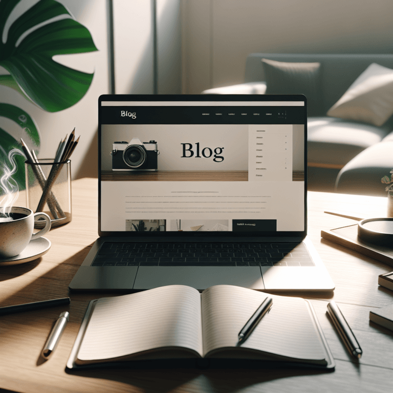 Bureau moderne avec ordinateur portable affichant une interface pour créer un blog, entouré d'accessoires minimalistes et éclairé par une lumière naturelle, idéal pour inspirer les aspirants blogueurs.