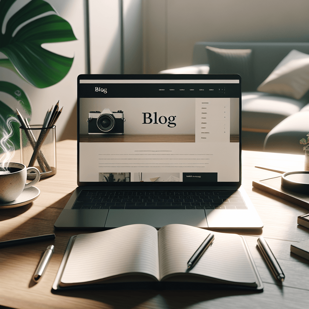 Bureau moderne avec ordinateur portable affichant une interface pour créer un blog, entouré d'accessoires minimalistes et éclairé par une lumière naturelle, idéal pour inspirer les aspirants blogueurs.