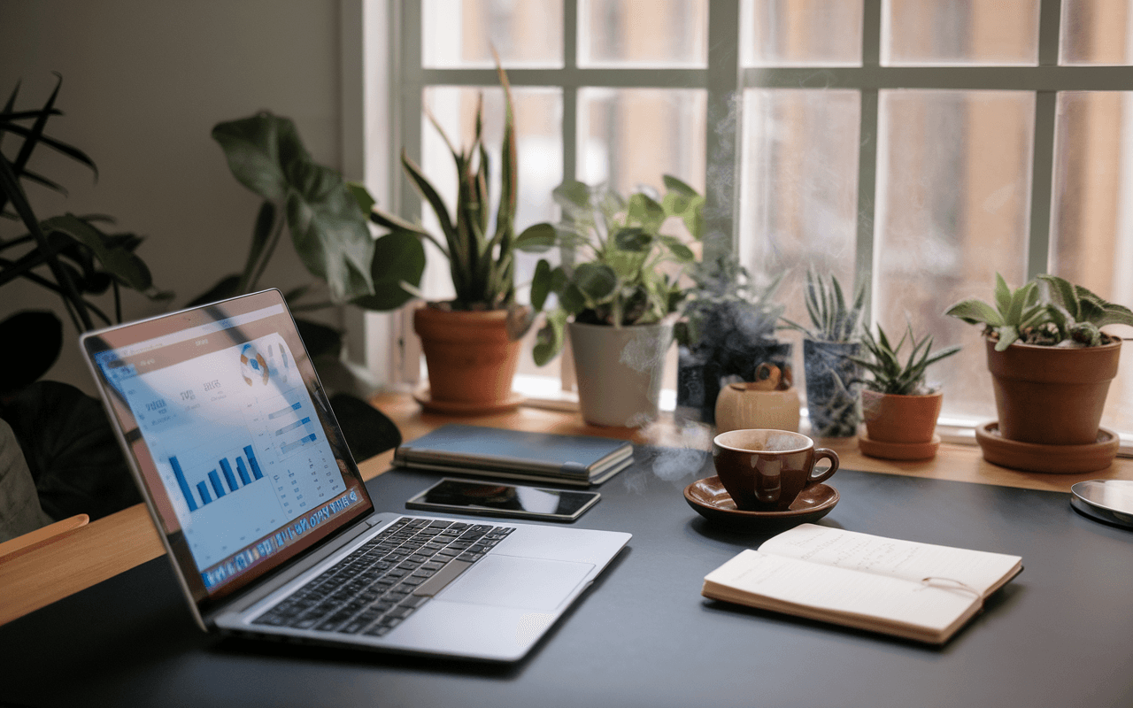 Bureau minimaliste avec ordinateur portable affichant des graphiques, tasse de café, carnet de notes et plantes vertes, symbolisant un espace de travail idéal pour créer un blog.