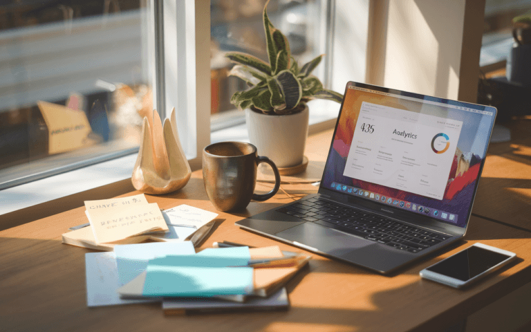 Photographie d'un espace de travail stylé et moderne avec un ordinateur portable affichant des analyses, entouré de notes éparpillées et une tasse de café, suggérant un environnement propice au blog à créer, baigné par une lumière naturelle inspirante.