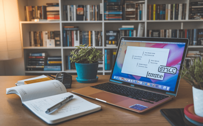 Bureau moderne avec ordinateur portable montrant saisie de texte et mots-clés en surbrillance, carnet et stylo à côté, bibliothèque floue avec livres sur le marketing numérique et SEO, ambiance de travail pour un rédacteur seo.