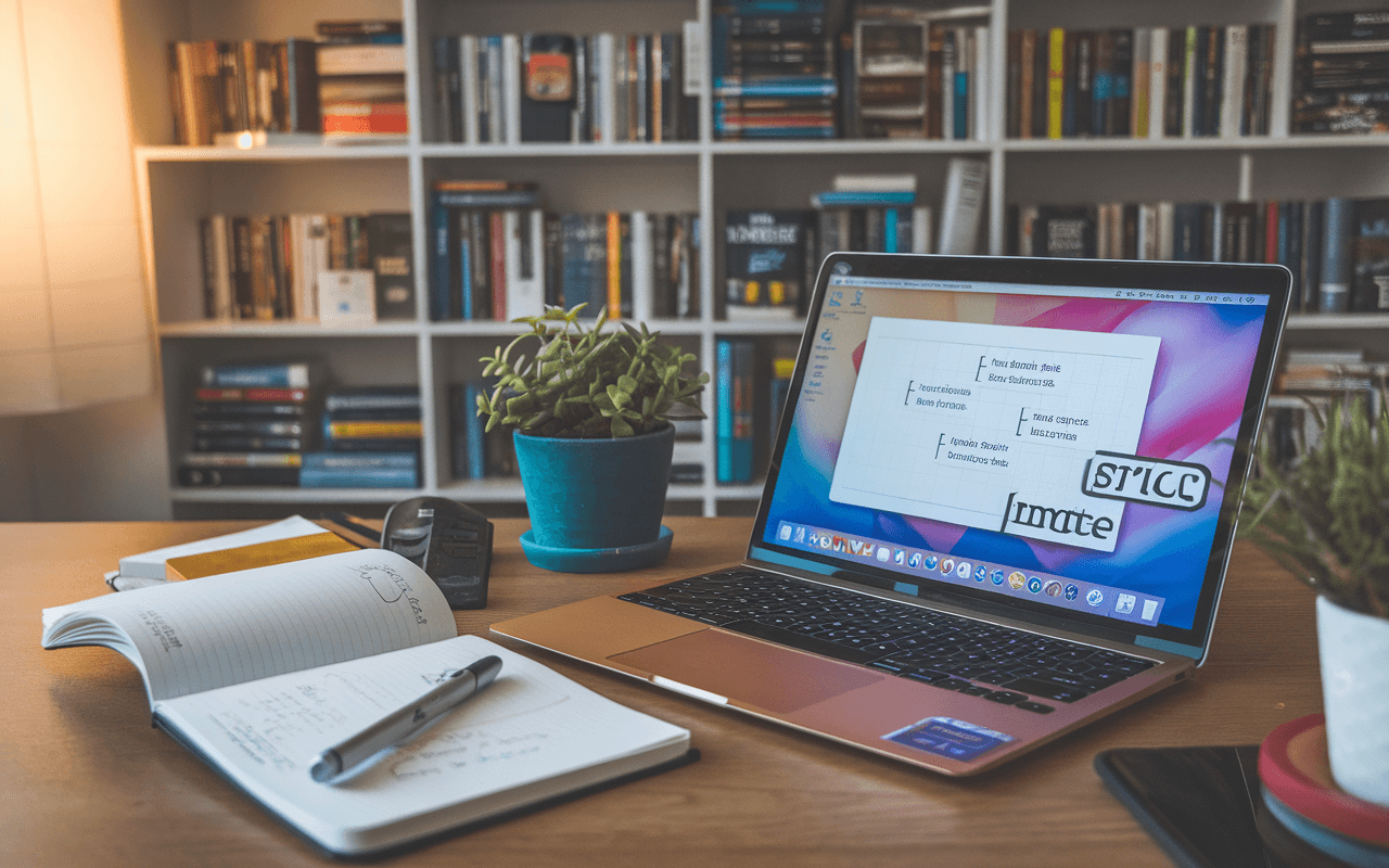 Bureau moderne avec ordinateur portable montrant saisie de texte et mots-clés en surbrillance, carnet et stylo à côté, bibliothèque floue avec livres sur le marketing numérique et SEO, ambiance de travail pour un rédacteur seo.