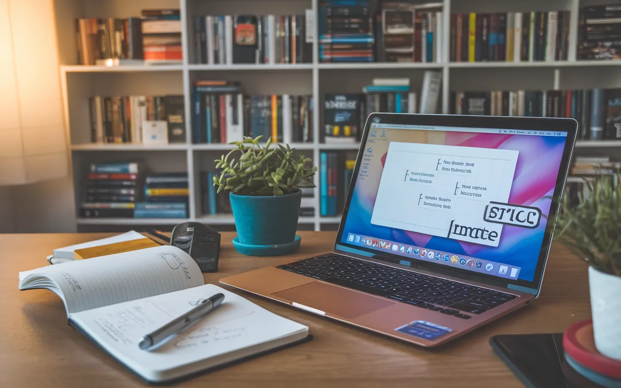 Bureau moderne avec ordinateur portable montrant saisie de texte et mots-clés en surbrillance, carnet et stylo à côté, bibliothèque floue avec livres sur le marketing numérique et SEO, ambiance de travail pour un rédacteur seo.