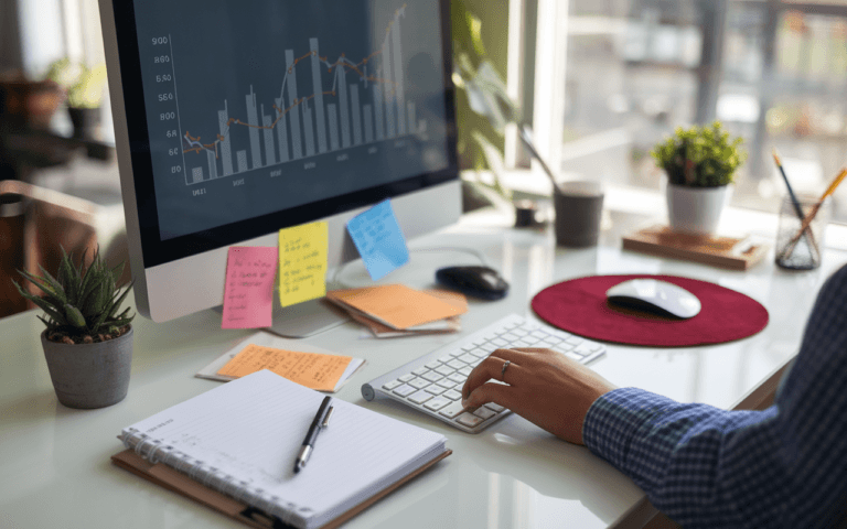 Clavier moderne sur bureau épuré avec carnet de planification, écran affichant réussite SEO pour rédacteur seo.