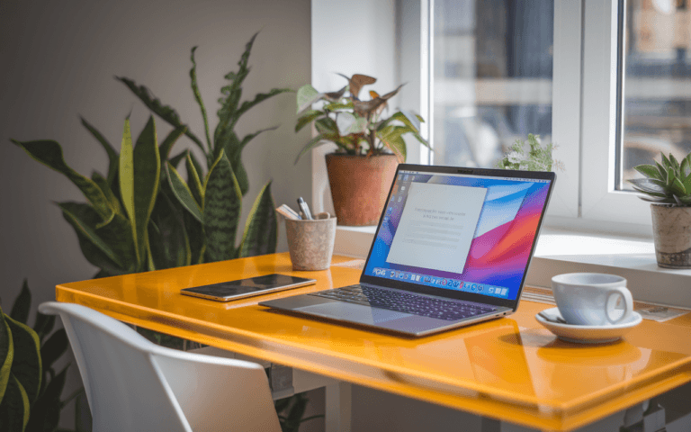 Espace de travail moderne et minimaliste avec un ordinateur portable affichant une interface d'édition de texte, parfait pour un rédacteur web, accompagné d'outils numériques et plantes d'intérieur, baigné de lumière naturelle.