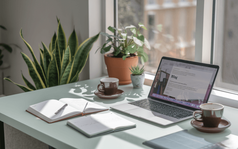 Espace de travail moderne pour créer un blog : ordinateur portable avec blog en rédaction, carnet ouvert, café fumant, plante verte, lumière naturelle motivante.