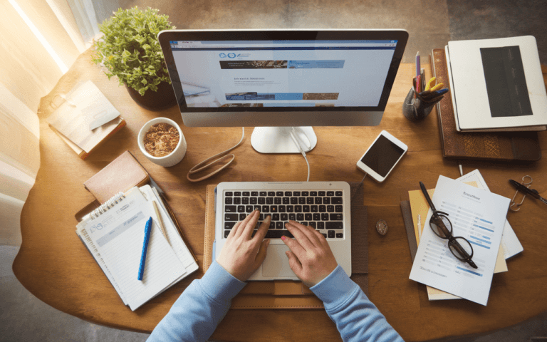 Vue de dessus d'un bureau moderne avec des outils essentiels pour un rédacteur SEO : ordinateur portable affichant une page web, carnet griffonné, smartphone avec notifications, tasse de café, lunettes sur rapport de données, stylos colorés, éclairage doux.