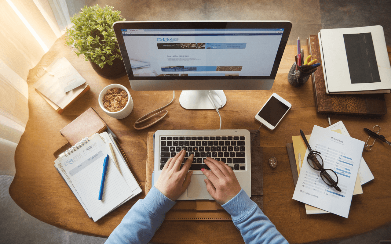 Vue de dessus d'un bureau moderne avec des outils essentiels pour un rédacteur SEO : ordinateur portable affichant une page web, carnet griffonné, smartphone avec notifications, tasse de café, lunettes sur rapport de données, stylos colorés, éclairage doux.