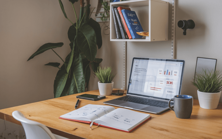 Espace de travail inspirant pour la rédaction articles SEO, avec ordinateur portable affichant mots-clés SEO et graphiques, carnet de croquis de contenu, stylo et café, étagère de livres marketing digital.