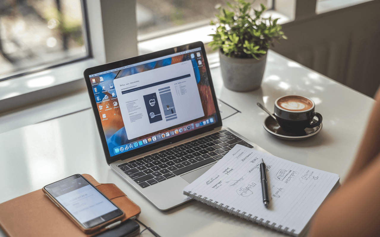 Bureau moderne pour rédaction articles SEO avec ordinateur portable, carnets de notes, smartphone avec analytics et tasse de café, éclairé par lumière naturelle.