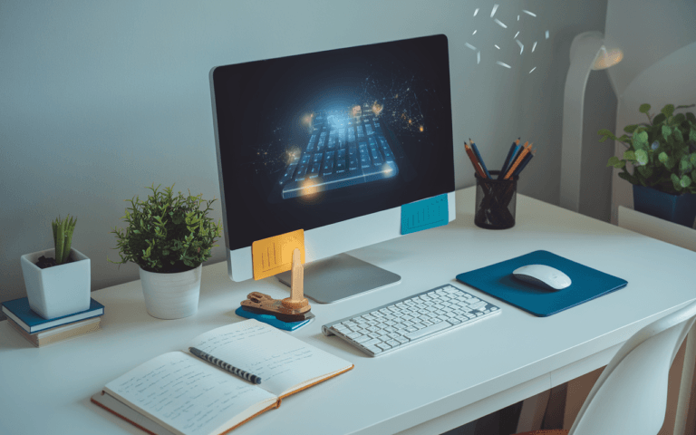 Clavier d'ordinateur moderne éclairé futuriste, carnet ouvert avec notes manuscrites à côté, symbolisant la créativité et l'innovation en rédaction SEO.