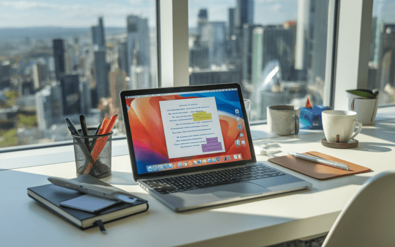 Bureau moderne pour rédaction articles SEO avec ordinateur portable affichant une interface de traitement de texte, carnet, stylo et tasse de café, symbolisant l'évolution du monde digital en arrière-plan.
