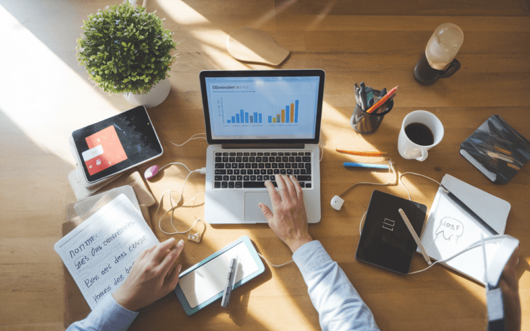 Bureau moderne et minimaliste avec ordinateur portable affichant des graphiques SEO, outils essentiels pour un rédacteur seo, tels qu'un bloc-notes, smartphone et café, symbolisant collaboration et dynamisme.