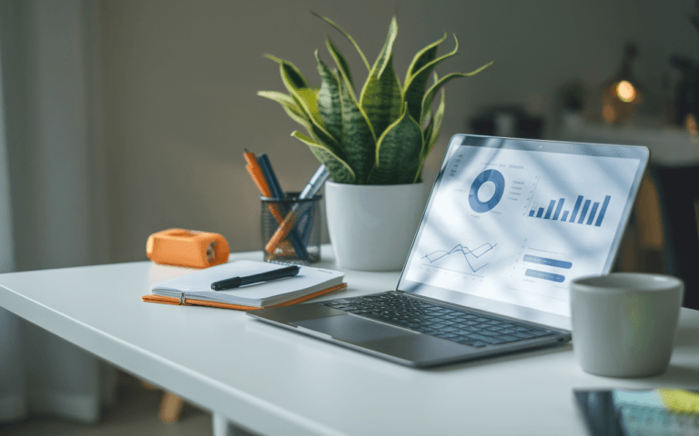 Bureau moderne épuré avec ordinateur portable affichant des données analytiques, symbolisant les avancées en rédaction articles SEO, entouré d'accessoires de bureau et d'une plante verte, sous un éclairage doux.