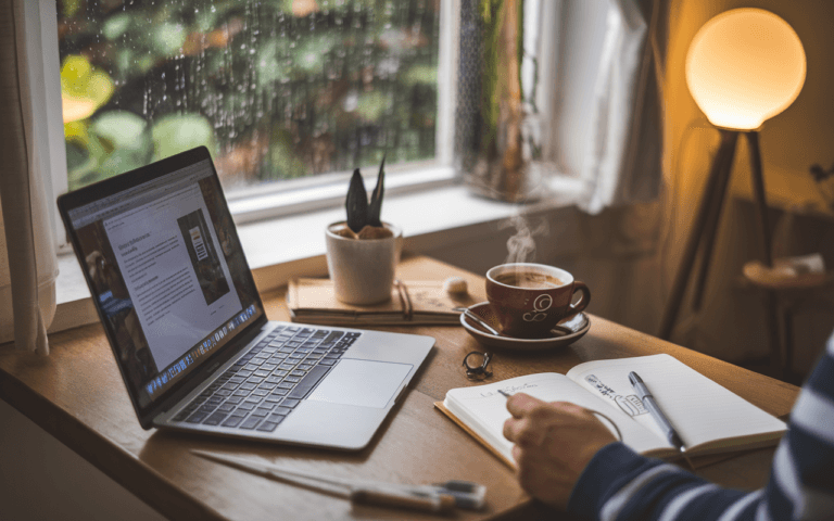 Personne rédigeant un blog sur un ordinateur portable à une table en bois, café fumant à côté, décor chaleureux et ambiance propice pour créer un blog sous la pluie.