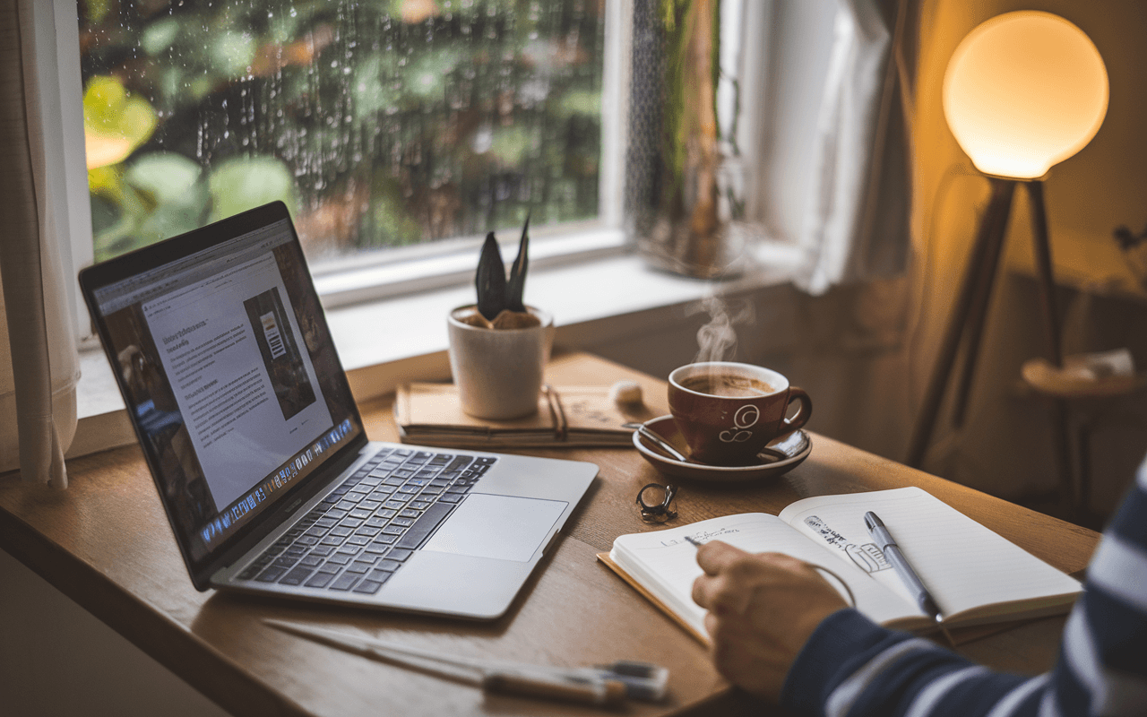 Personne rédigeant un blog sur un ordinateur portable à une table en bois, café fumant à côté, décor chaleureux et ambiance propice pour créer un blog sous la pluie.