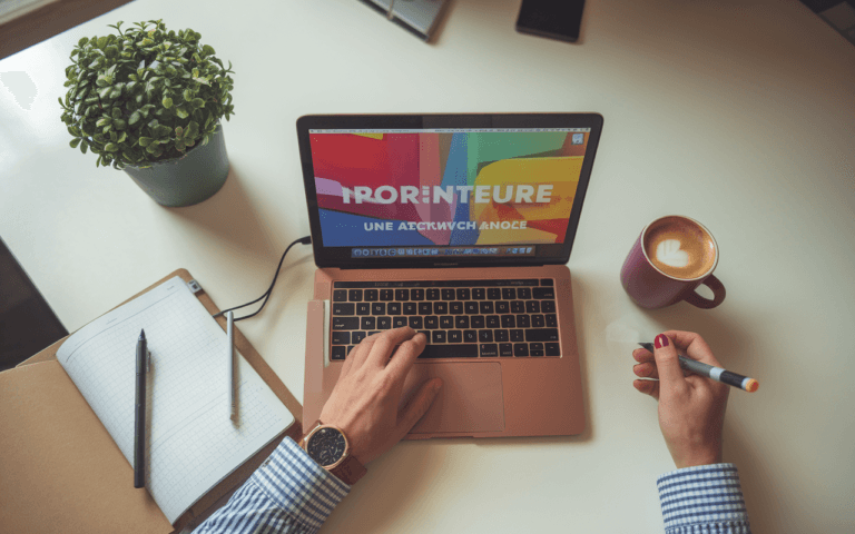 Bureau moderne avec ordinateur portable affichant une maquette web axée sur des titres accrocheurs, ambiance créative et professionnelle.