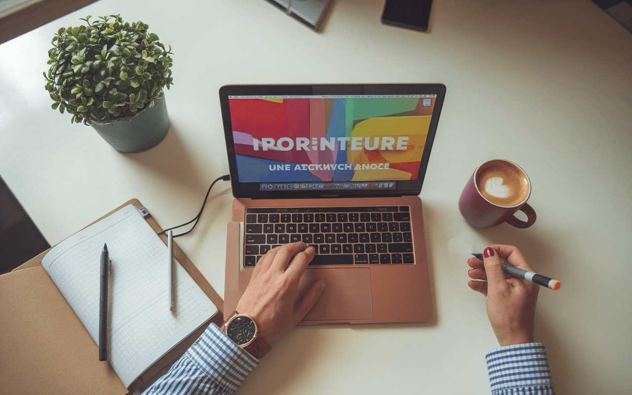 Bureau moderne avec ordinateur portable affichant une maquette web axée sur des titres accrocheurs, ambiance créative et professionnelle.