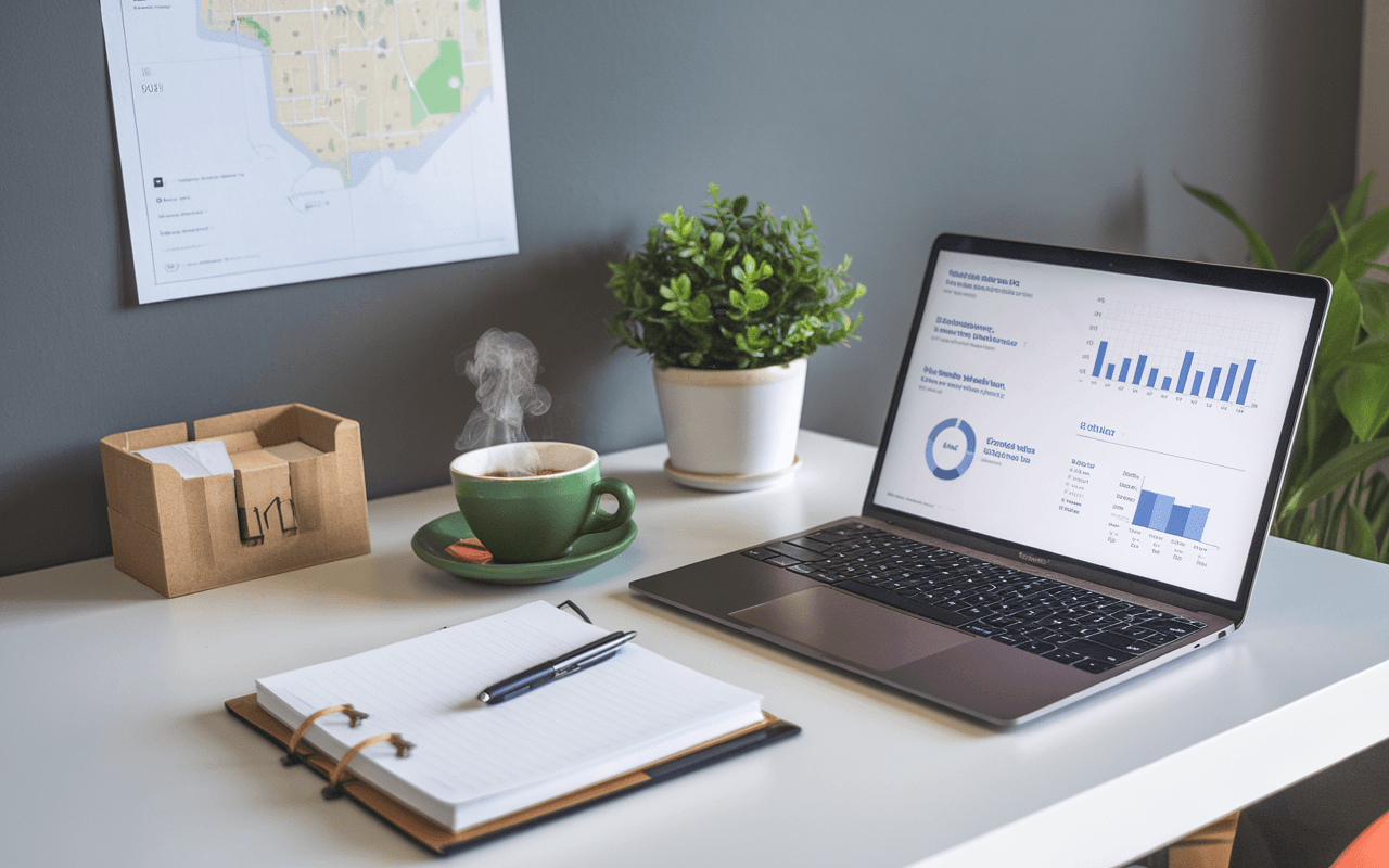 Bureau moderne avec un ordinateur portable affichant des graphiques de SEO, bloc-notes avec stratégies locales, tasse de café et plante verte; carte géographique en arrière-plan pour la rédaction articles SEO.