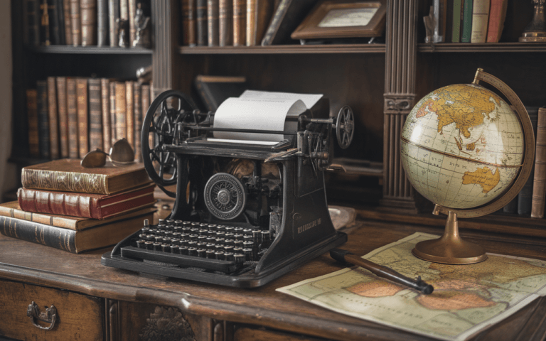 Vieille machine à écrire et livres anciens en cuir sur un bureau en bois avec globe terrestre vintage, idéal pour créer un blog inspiré par l'histoire et l'exploration.
